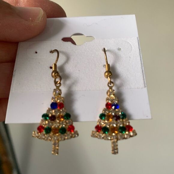 VTG Christmas Tree Earrings Dangly Earrings Sparkly Multi Color Gem Stones S - Picture 8 of 8